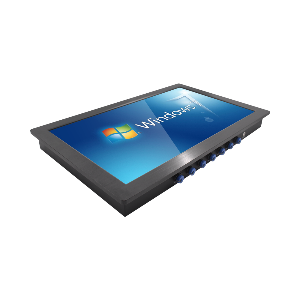 Waterproof Touch PC& Industrial Monitor Manufacturer Perspective side view of 23.8 inch industrial touch computer showing slim CNC profile and screw locking aviation ports