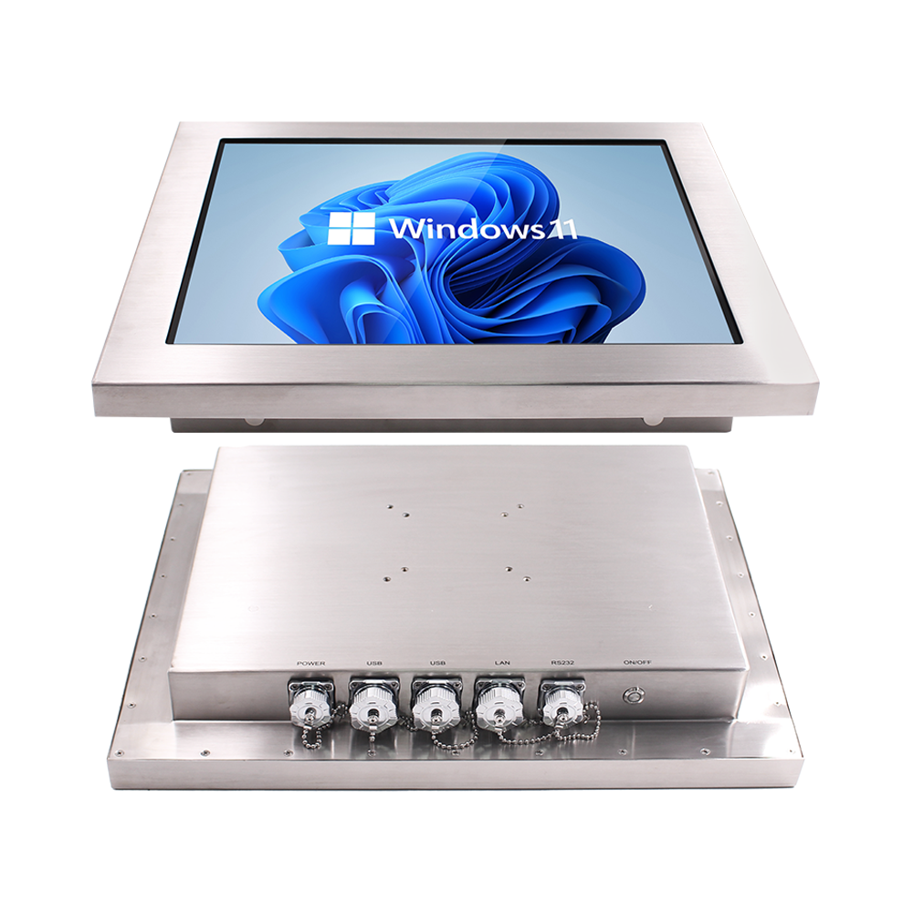 Waterproof Touch PC& Industrial Monitor Manufacturer Dual perspective view of 19 inch stainless steel industrial computer showing seamless front bezel and washdown chassis