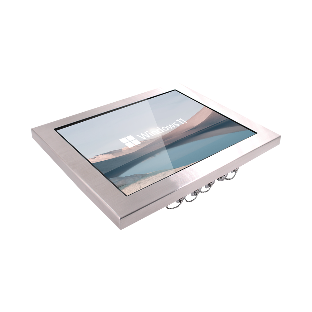 Seamless true flat stainless steel front bezel and scratch-resistant capacitive multi-touch screen of 19 inch cleanroom HMI Seamless true flat stainless steel front bezel and scratch-resistant capacitive multi-touch screen of 19 inch cleanroom HMI