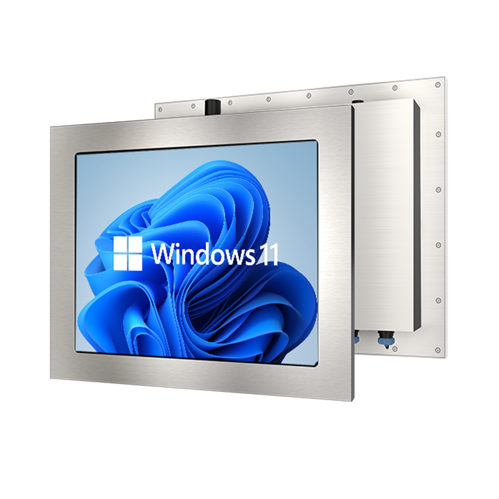 Waterproof Touch PC& Industrial Monitor Manufacturer Dual perspective view of 21.5 inch stainless steel industrial panel PC showing flush mount perimeter flange and hygienic enclosure