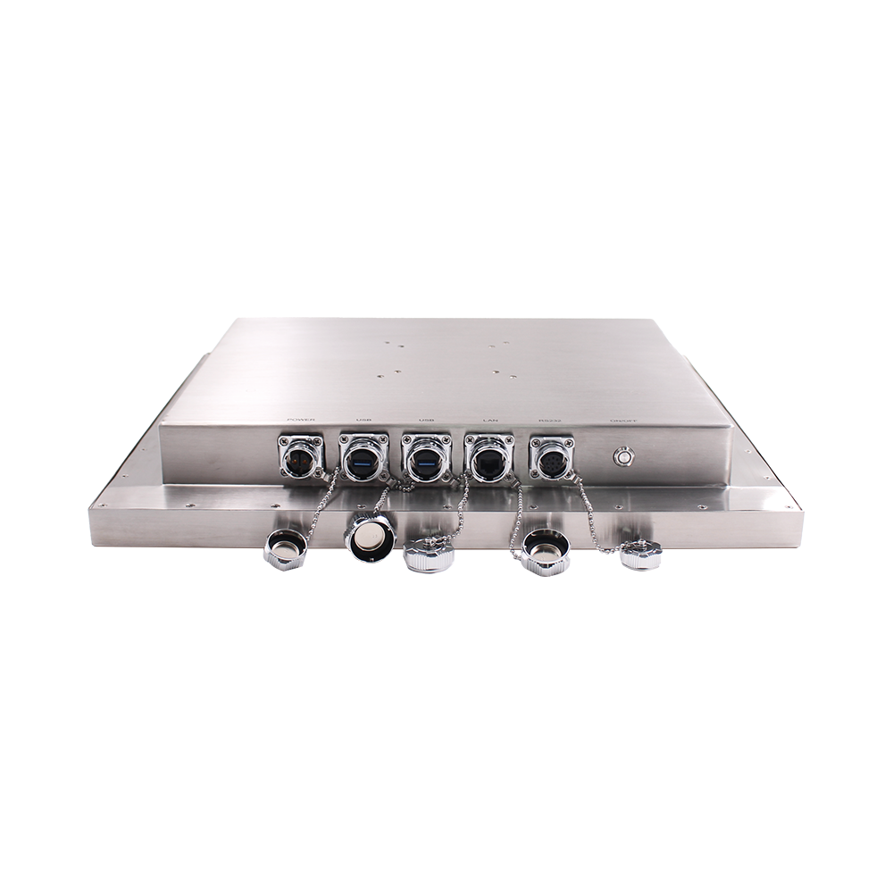 Rear SUS304 SUS316L stainless steel fanless housing with chained metal waterproof sealing caps and VESA 75 100 mounting holes Rear SUS304 SUS316L stainless steel fanless housing with chained metal waterproof sealing caps and VESA 75 100 mounting holes
