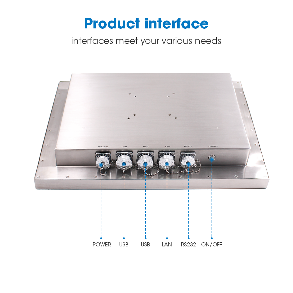 Full waterproof screw locking I/O interface layout with Power 2x USB LAN RS232 and IP67 power switch on stainless steel PC Full waterproof screw locking I/O interface layout with Power 2x USB LAN RS232 and IP67 power switch on stainless steel PC