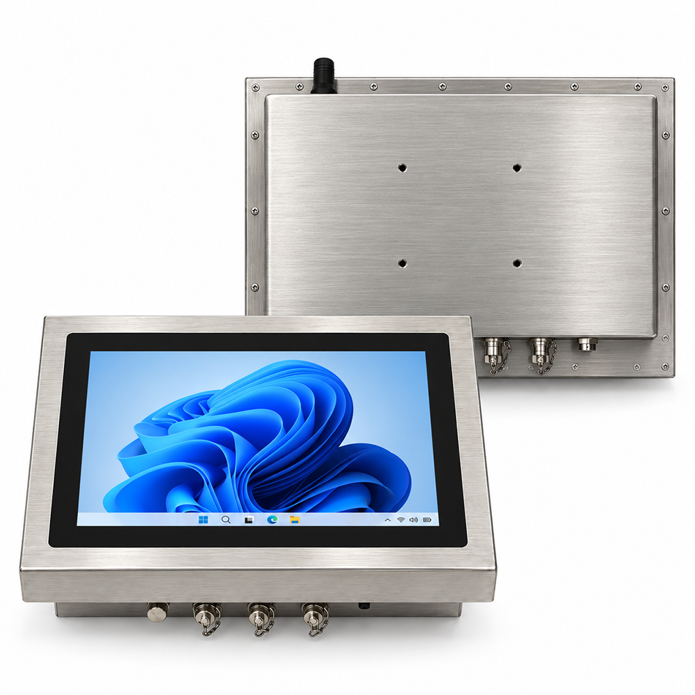 Waterproof Touch PC& Industrial Monitor Manufacturer Front and bottom perspective of 12.1 inch cleanroom HMI showing tethered metal sealing caps and rugged push button switch