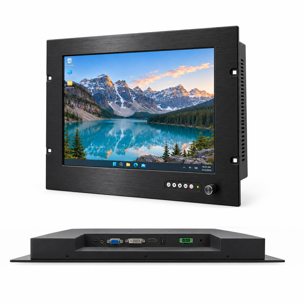 Perspective side view of black anodized CNC brushed aluminum bezel and heavy-duty steel chassis of 19 inch rack monitor