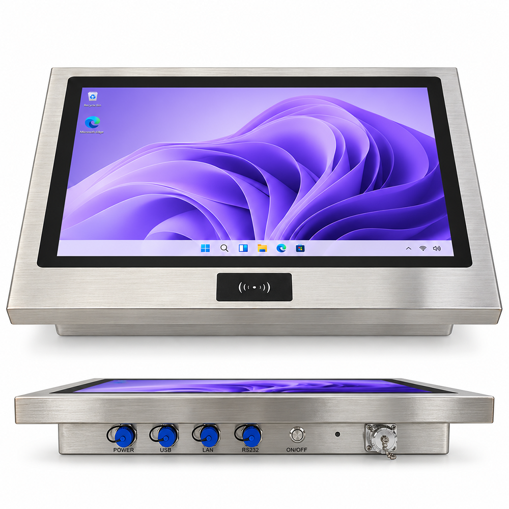 Waterproof Touch PC& Industrial Monitor Manufacturer Rear view of fully sealed stainless steel washdown chassis with perimeter flush mounting flange and VESA 75 100 pattern
