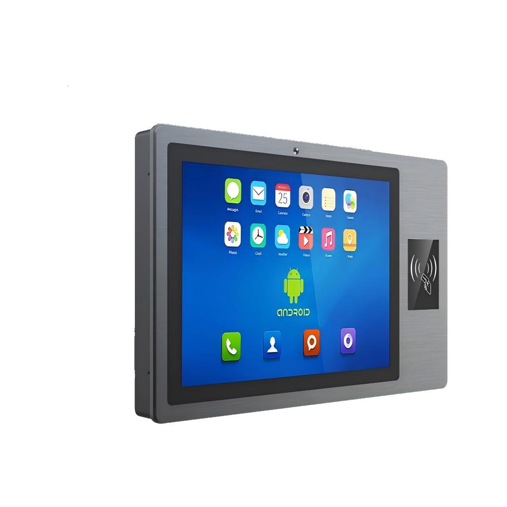 Waterproof Touch PC& Industrial Monitor Manufacturer Perspective view of 15 inch Android touch panel computer featuring brushed CNC aluminum bezel and embedded RFID sensor